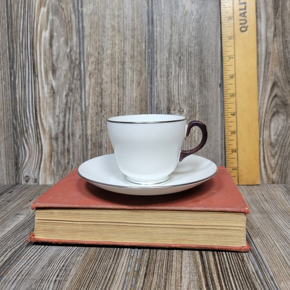 Vintage Wedgwood Teacup Saucer White White Bone China Dark Brown Handle England